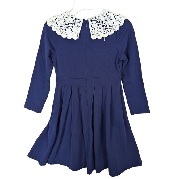 Happy Rose Girls size 10 Navy Cotton Knit Dress Crouched Lace Collar Stunning - Picture 14 of 14